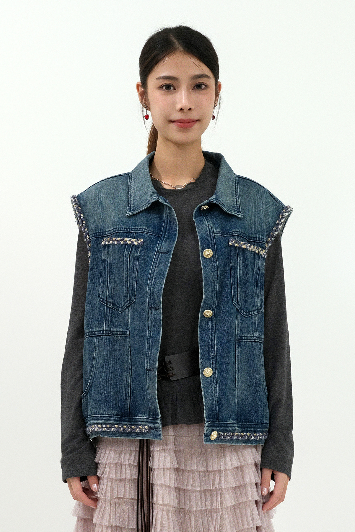 金絲帶織辮牛仔背心 ( 預購產品）