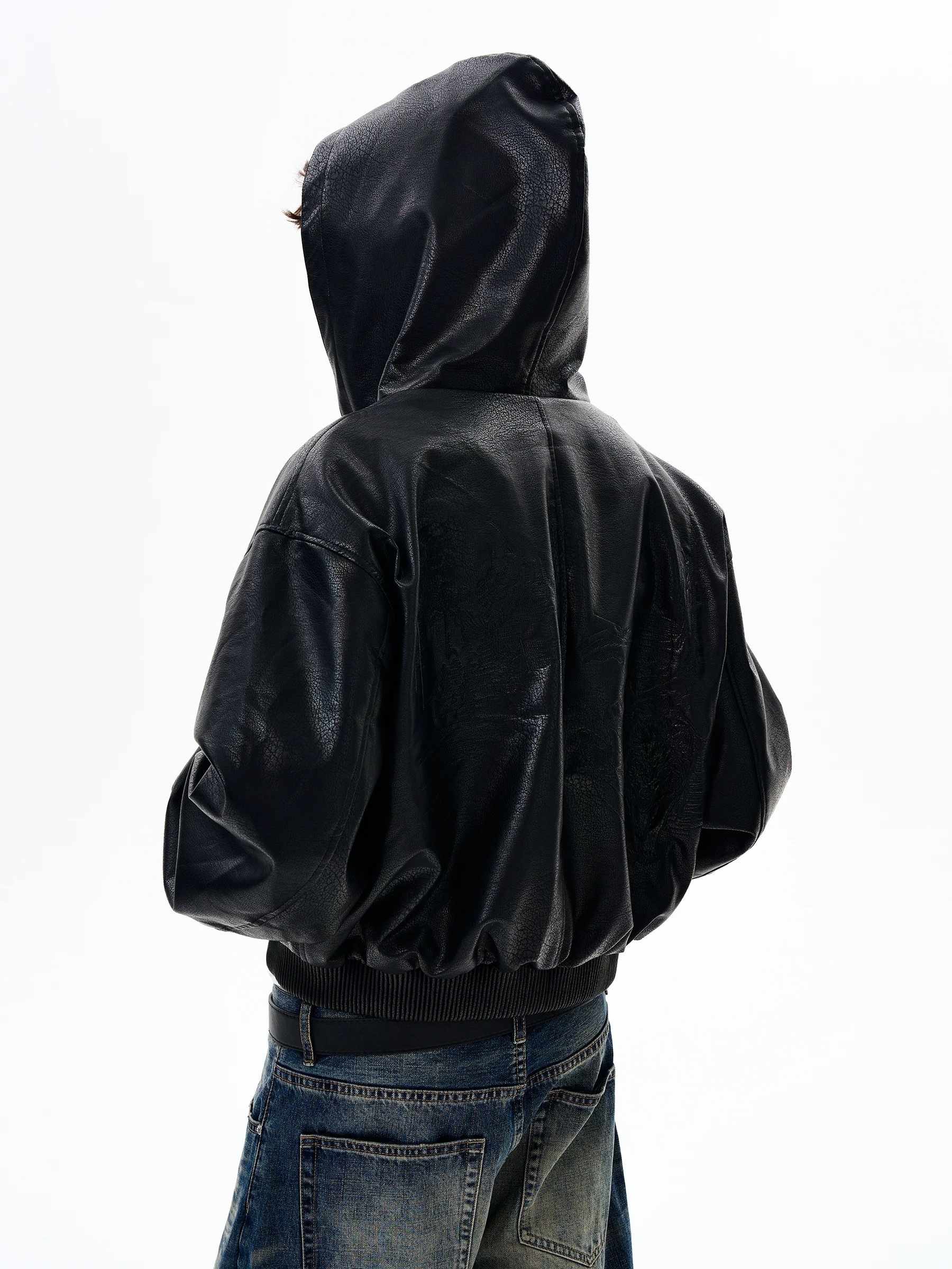 SIMPLEACTION 復古印花亮面連帽皮外套