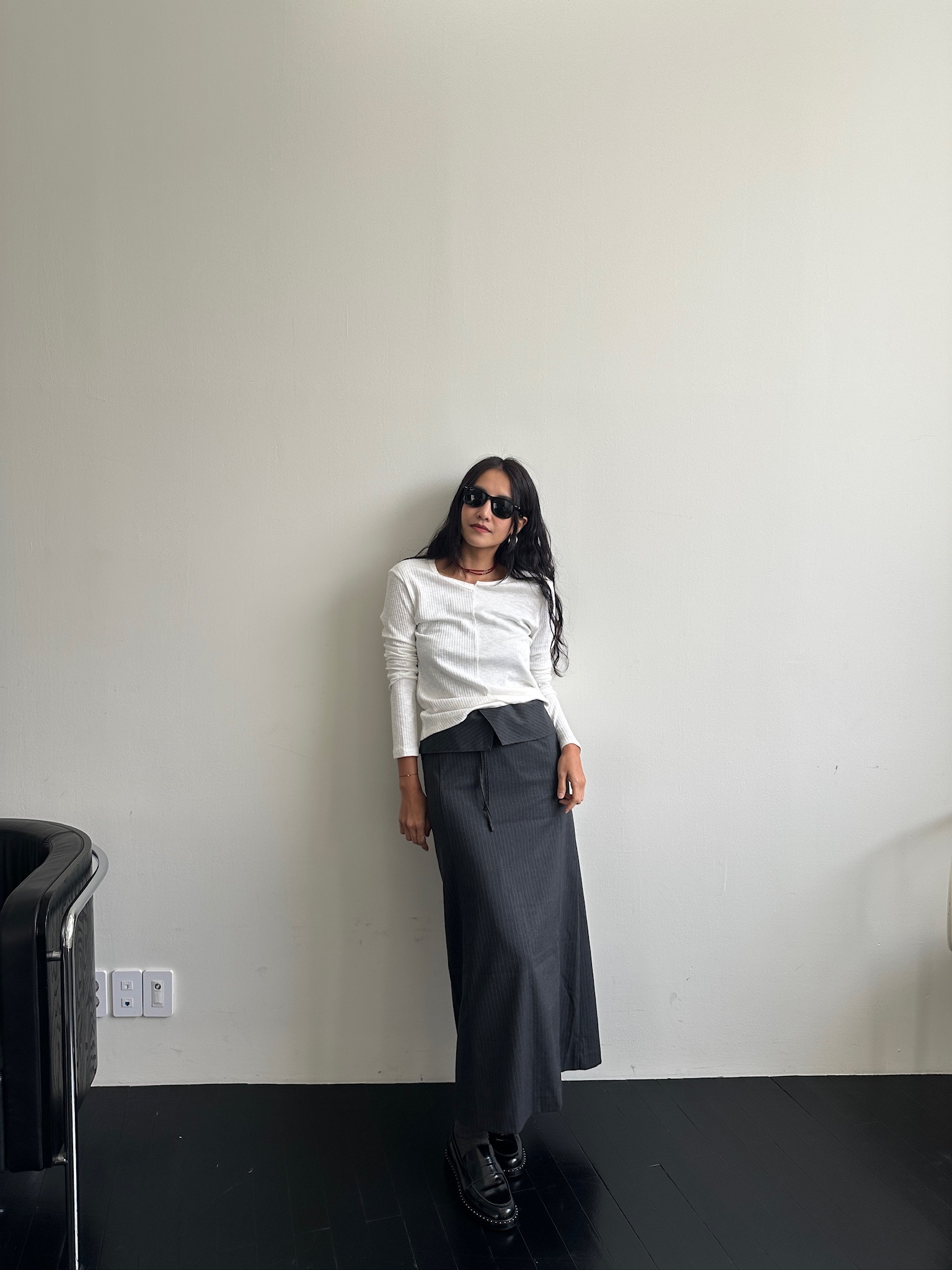 Reverse pinstriped pencil skirt