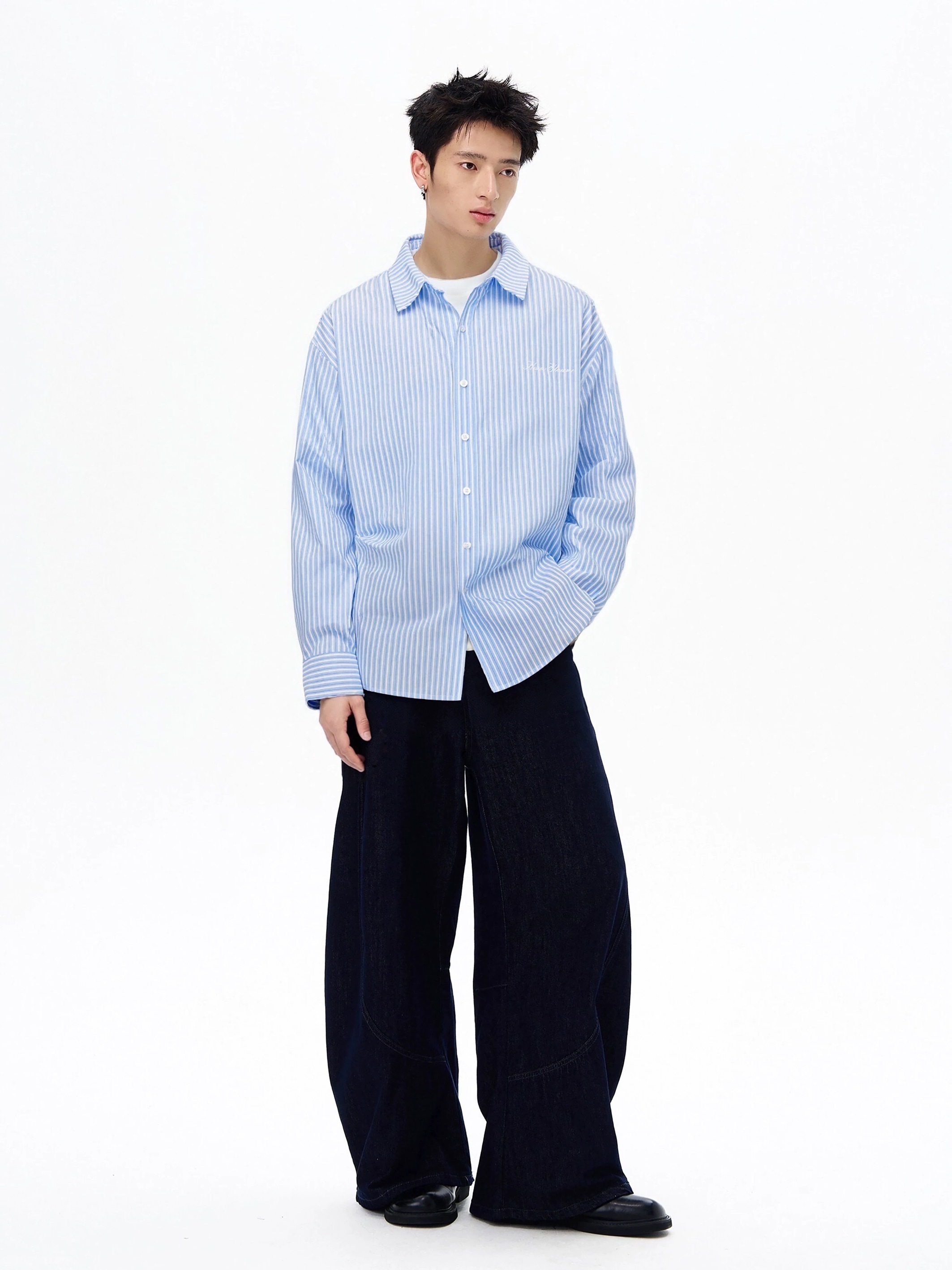 SIMPLEACTION 美式復古藍條紋印花襯衫