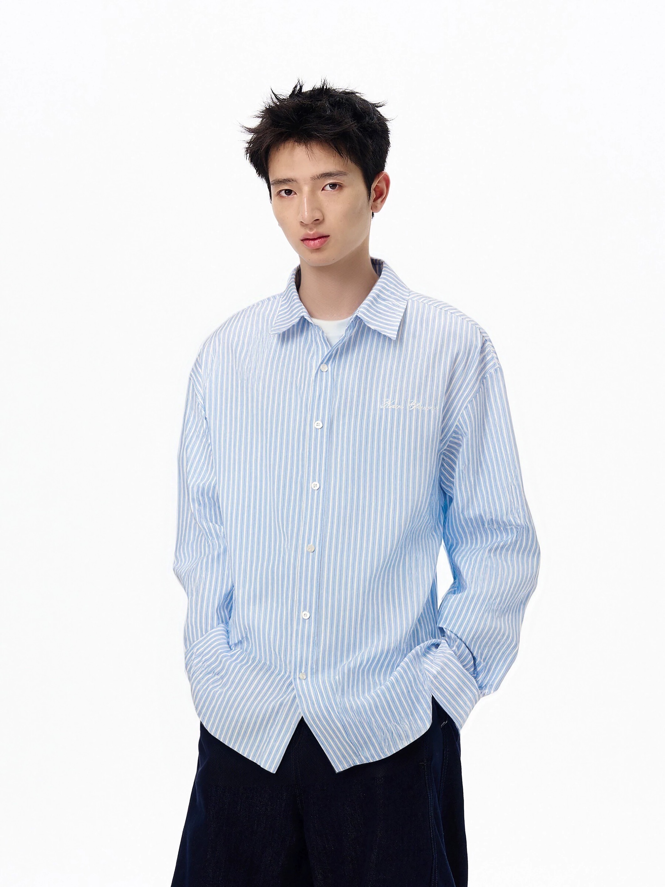 SIMPLEACTION 美式復古藍條紋印花襯衫