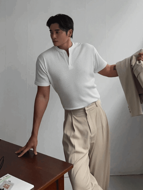 華夫格雙扣亨利領短袖T恤