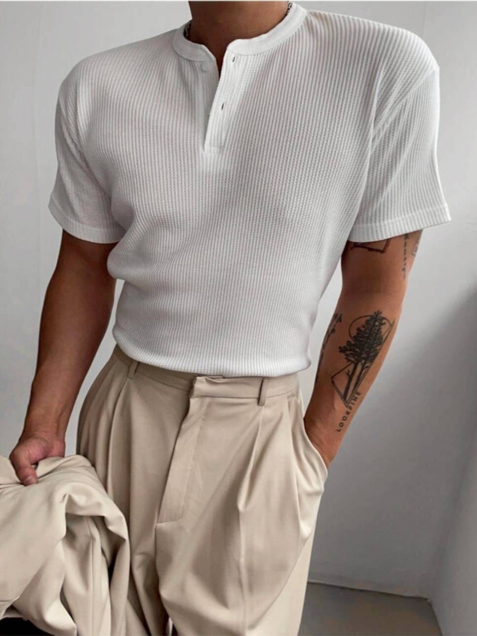 華夫格雙扣亨利領短袖T恤