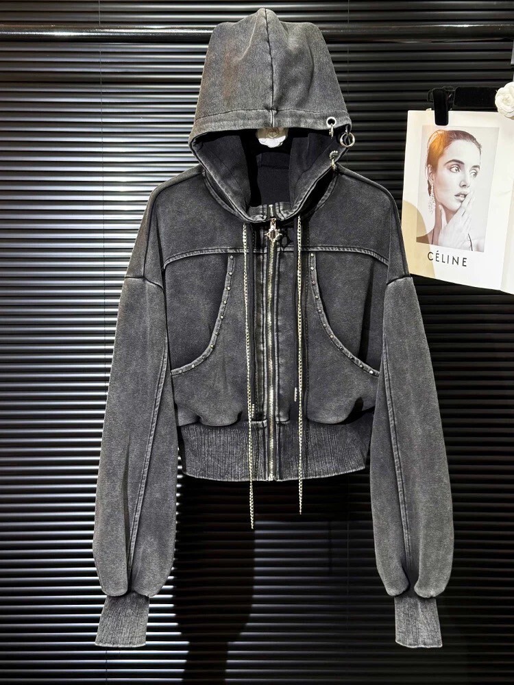 鍊條連帽短版外套