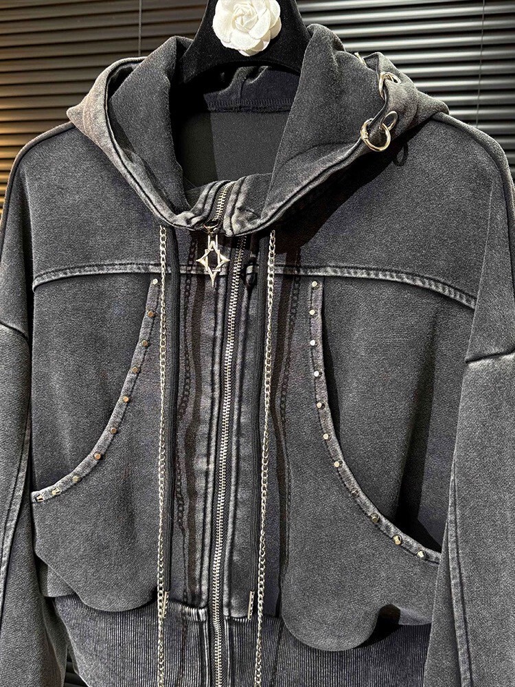 鍊條連帽短版外套