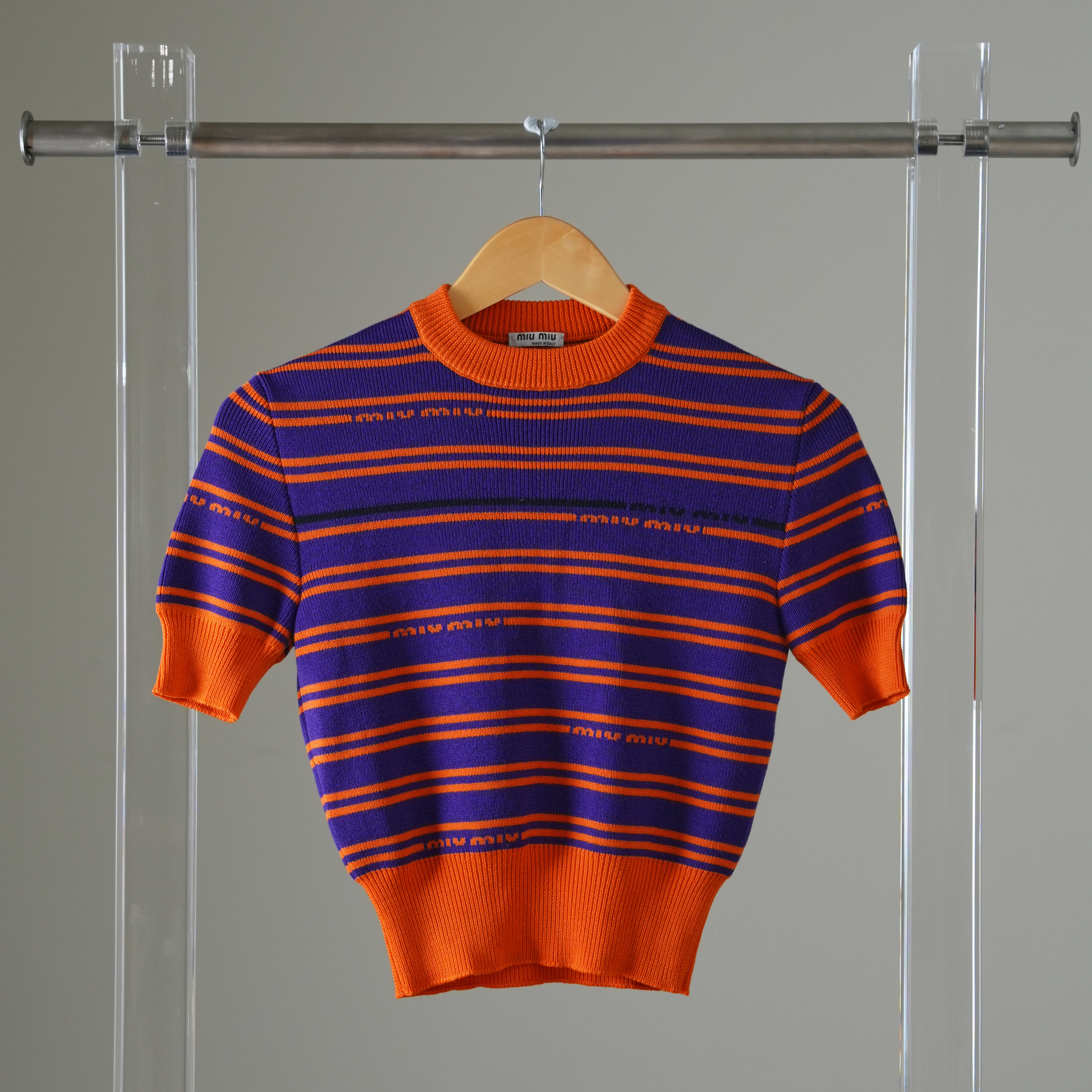 miu miu  橘紅黑條紋針織短袖上衣