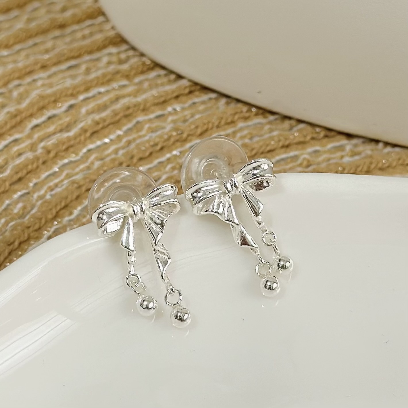 K170緞帶圓珠蝴蝶結垂吊純銀鎖針