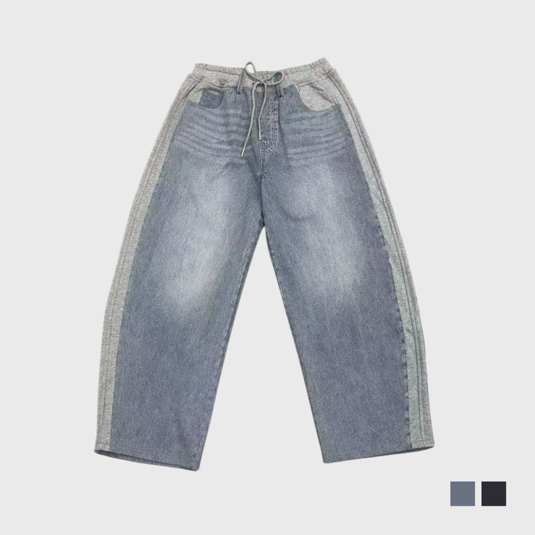 拼接設計彎刀牛仔褲