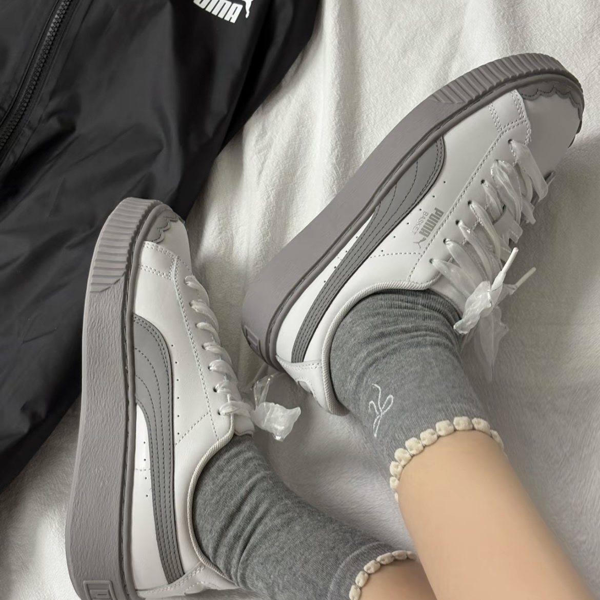 PUMA MOSTRO 灰色 緞帶蕾絲 花邊 厚底 皮革 休閒鞋 女鞋 404157-01