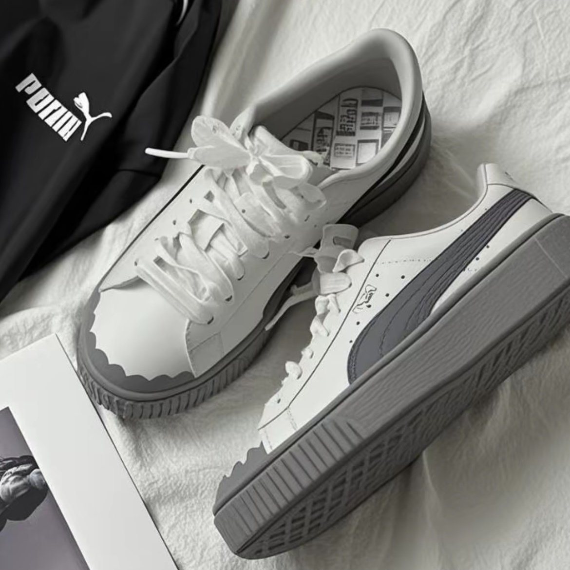 PUMA MOSTRO 灰色 緞帶蕾絲 花邊 厚底 皮革 休閒鞋 女鞋 404157-01