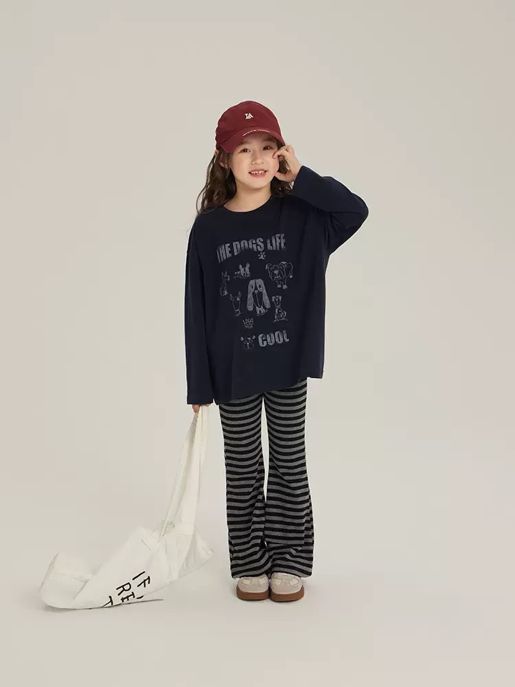 高彈柔軟條紋喇叭褲