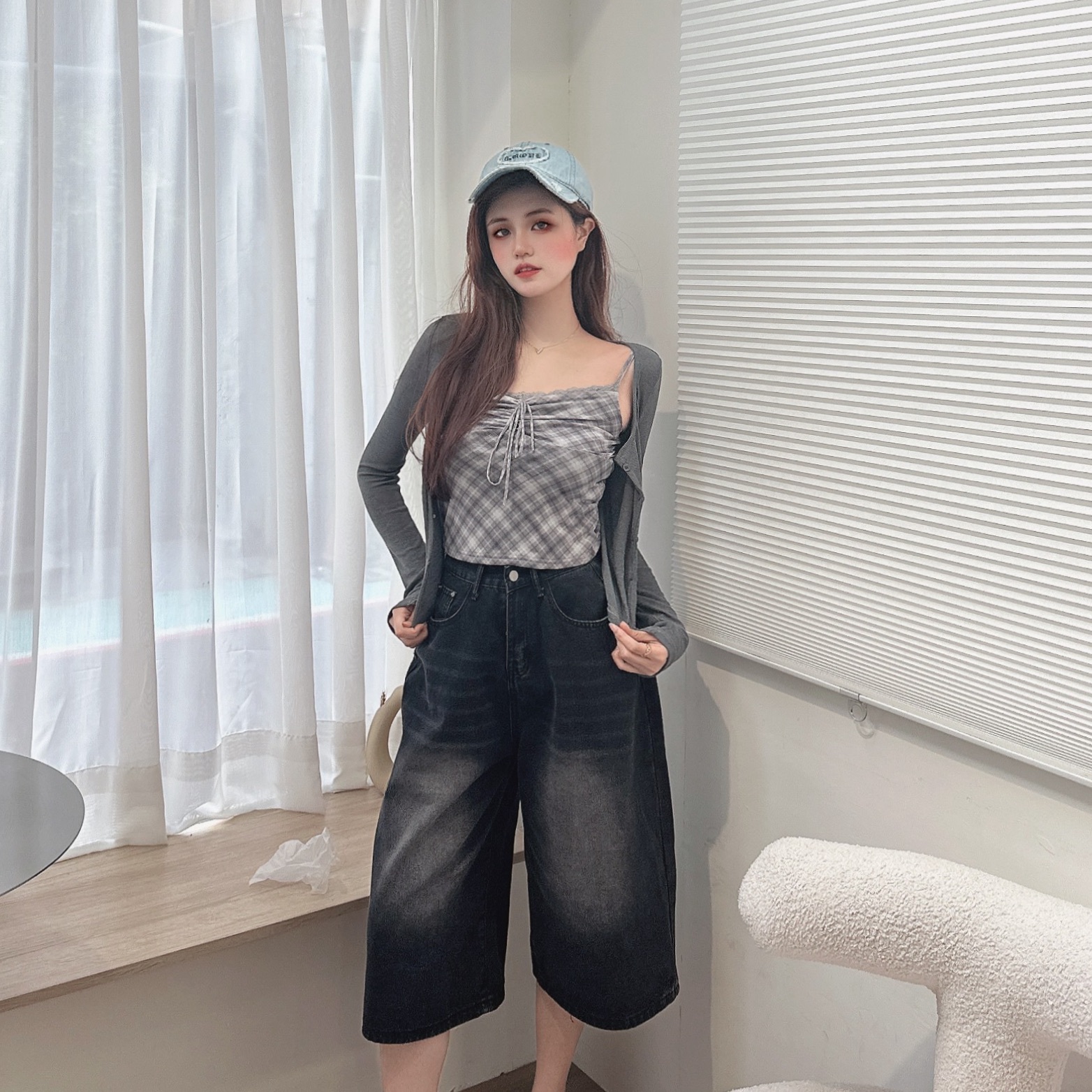 格紋背心+針織開衫外套/二色