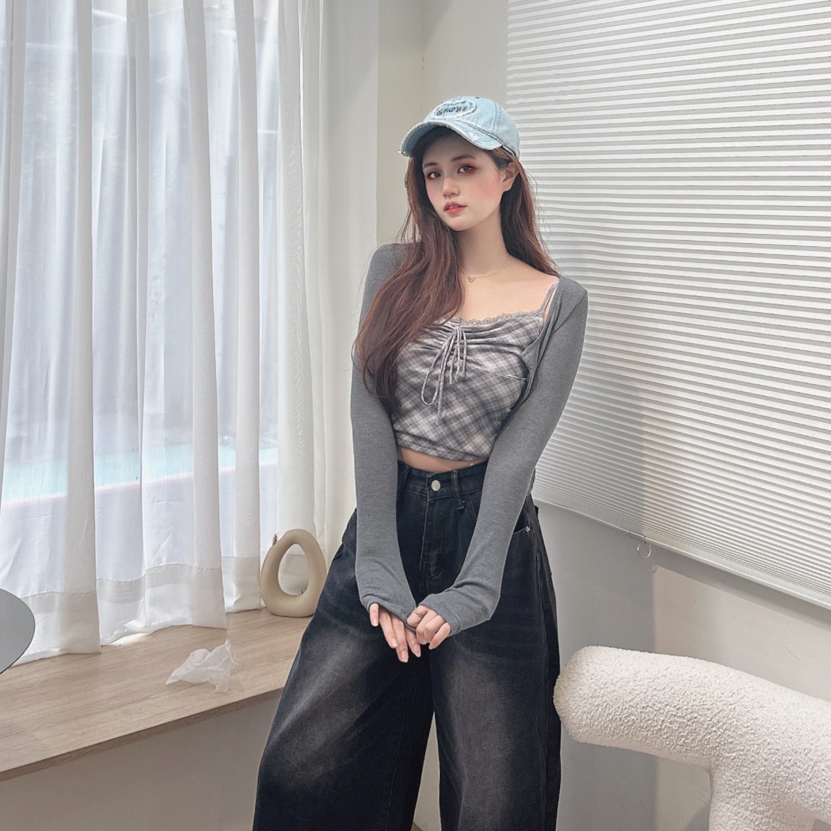 格紋背心+針織開衫外套/二色