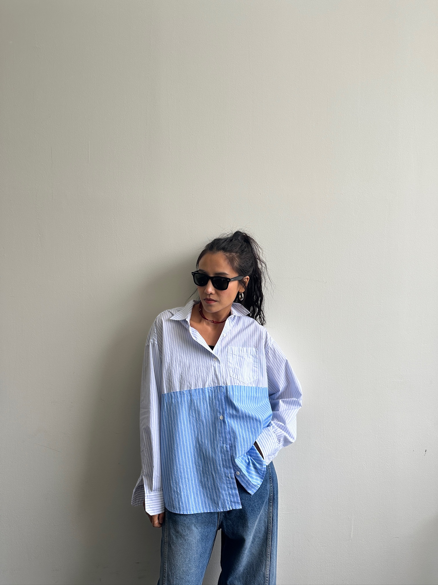 Contrast panelled striped shirt