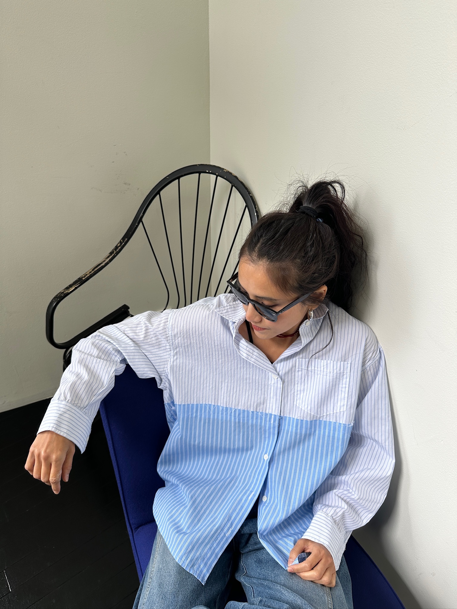 Contrast panelled striped shirt