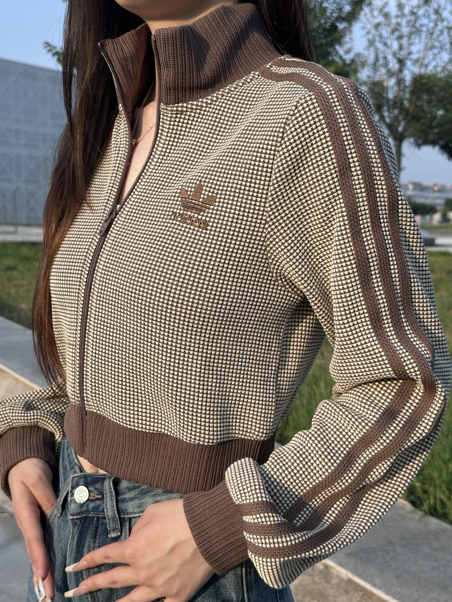 代購-Adidas Originals TRACK TOP 立領 短版修身 華夫格 外套 棕咖KC2645/藍白KC2646