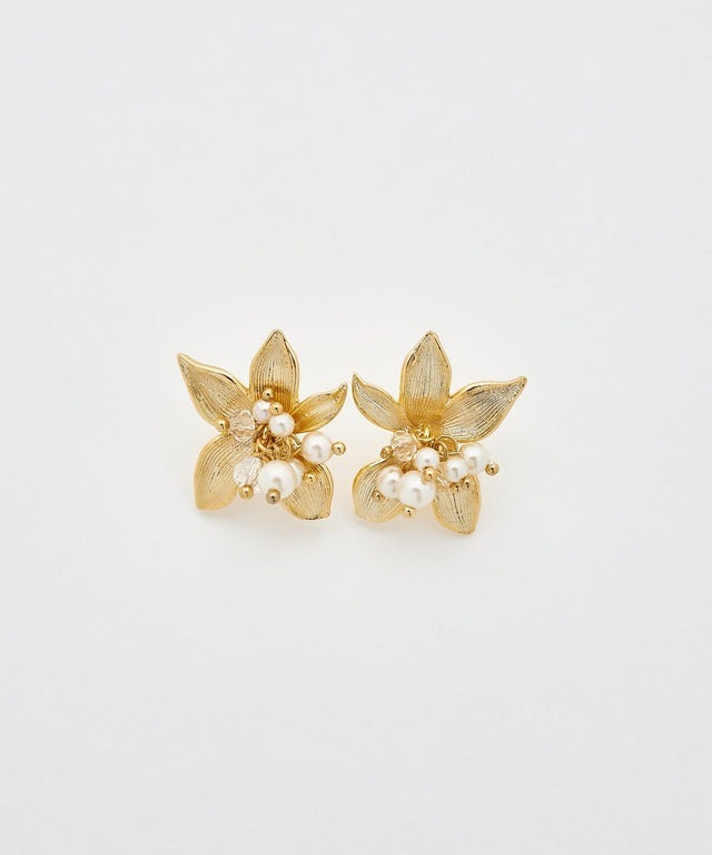 [日本制] 金屬花形珍珠耳環