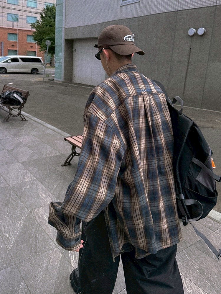 Aurocean 復古撞色刺繡格子襯衫