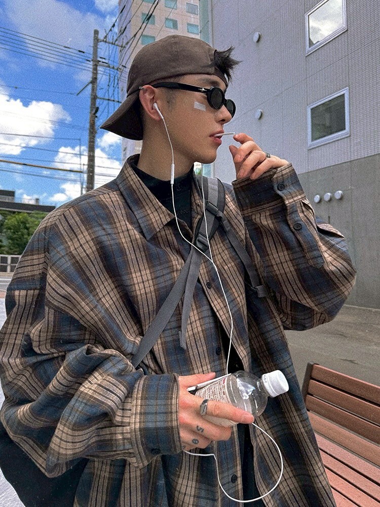 Aurocean 復古撞色刺繡格子襯衫