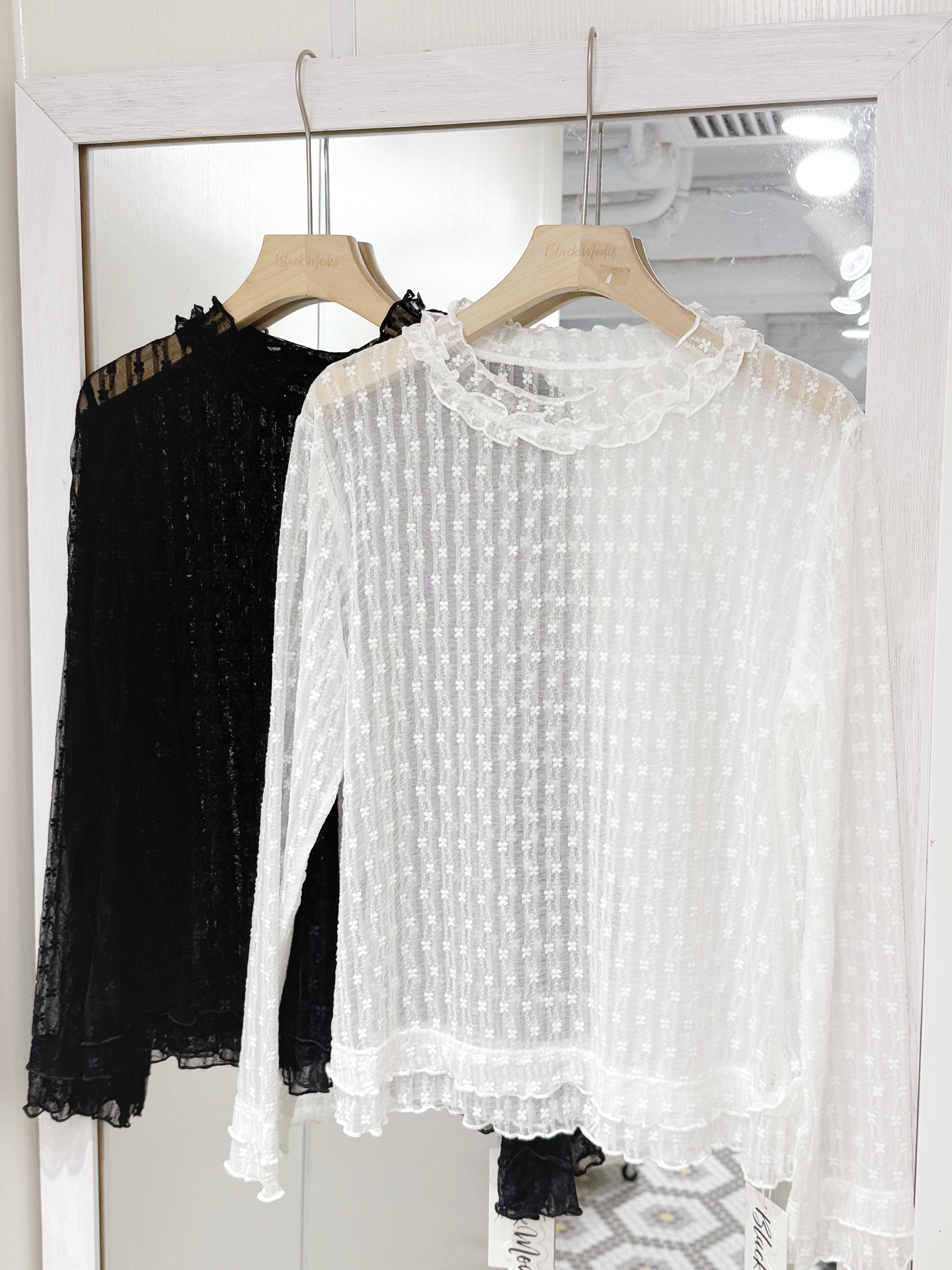 BM004｜BM獨家款 ₊˚⊹♡ flower double ruffle透視長袖上衣