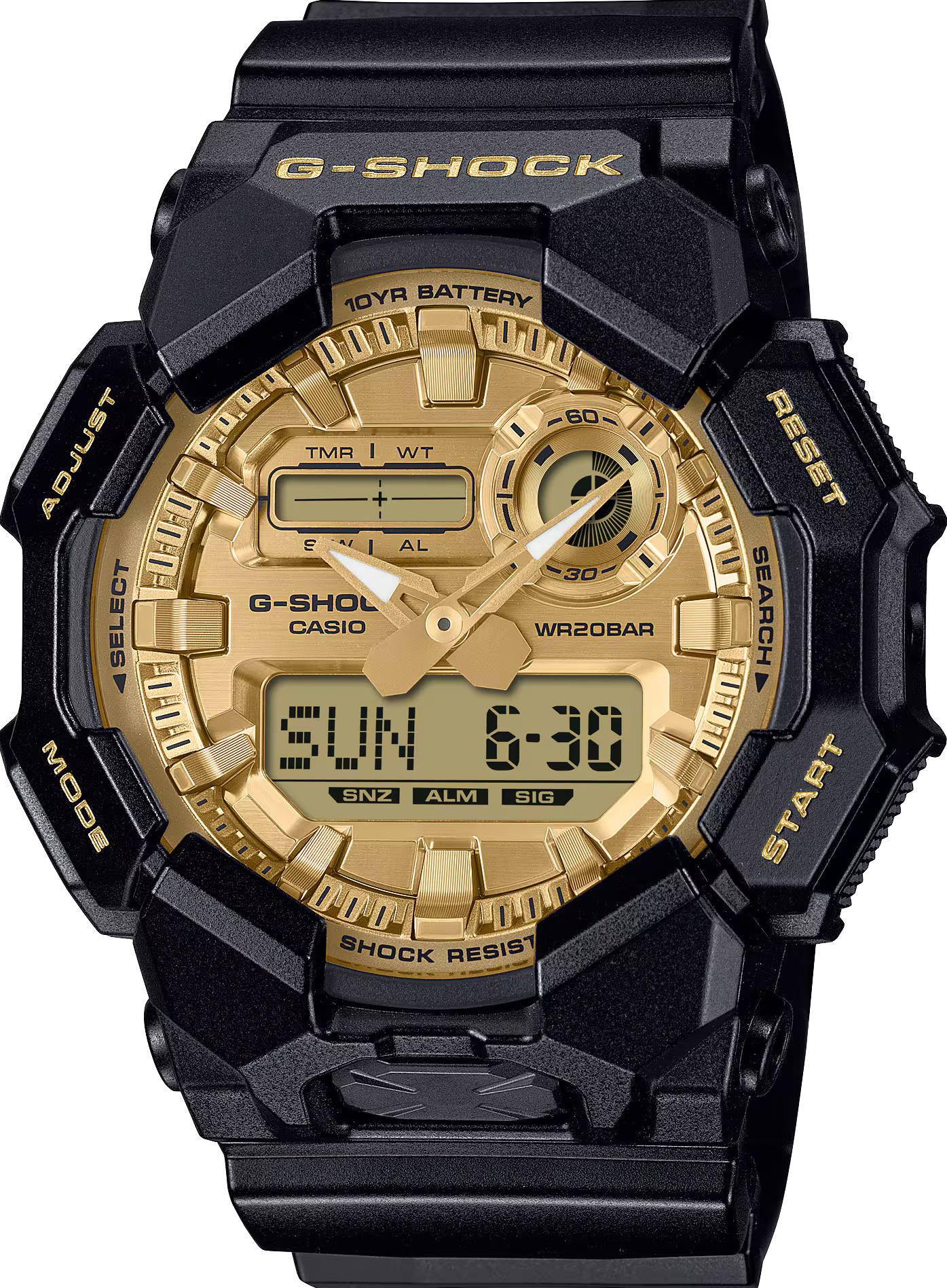 萬年鐘錶 - G-SHOCK  黑金配色時尚百搭雙顯數位運動電子錶  GA-010GGB-1A9 錶徑 : 51.9mm