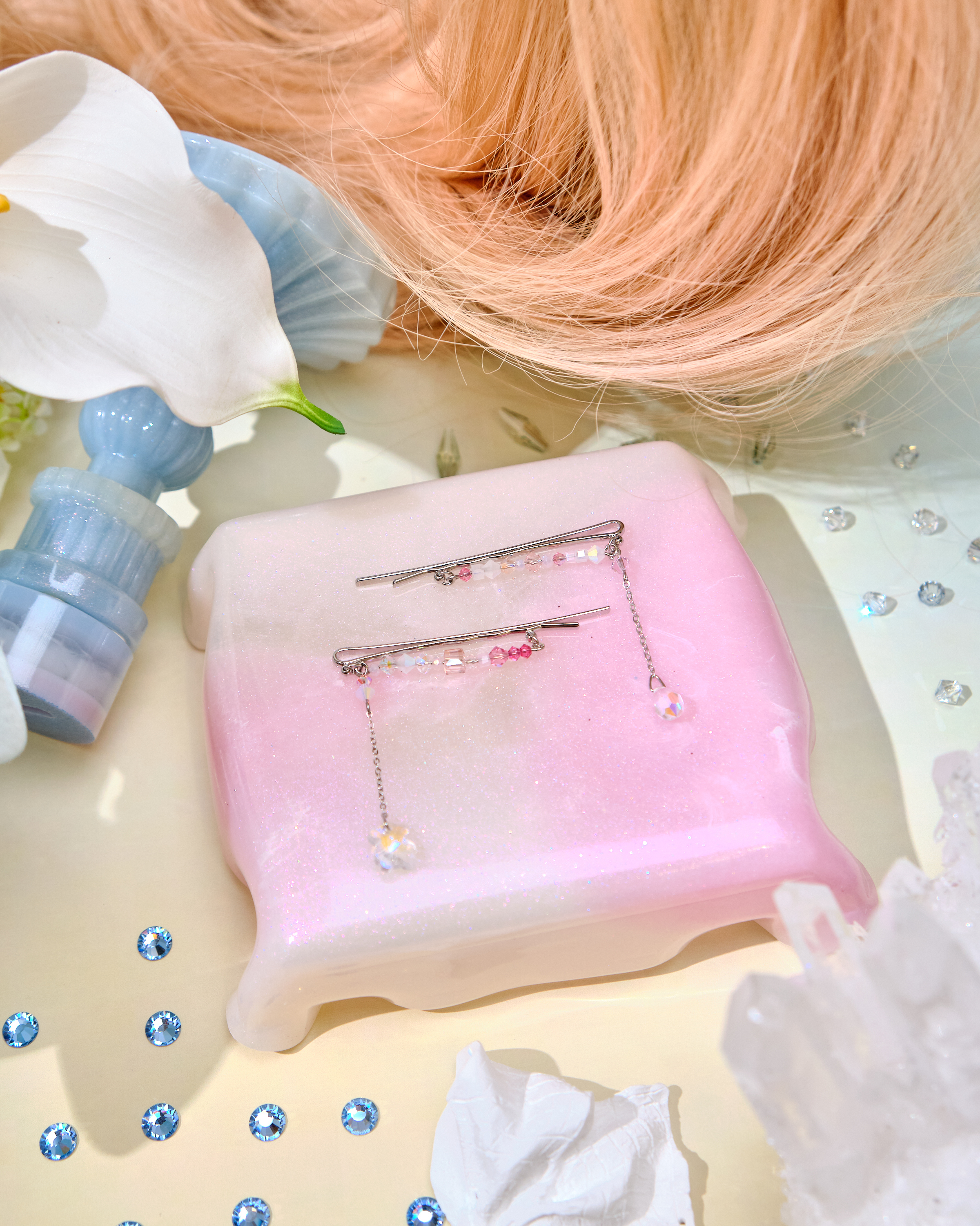 12748 優雅糖果色水晶吊墜隻一字夾套裝