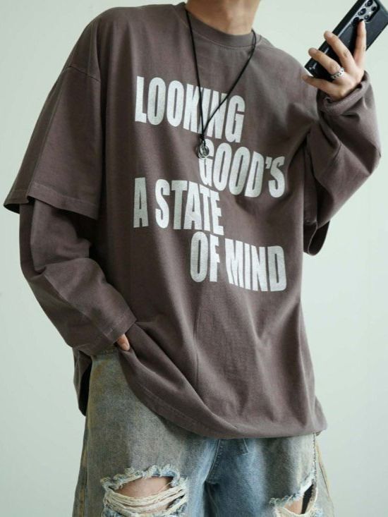 洗水假兩件英文字長袖衫 manhattans-047T