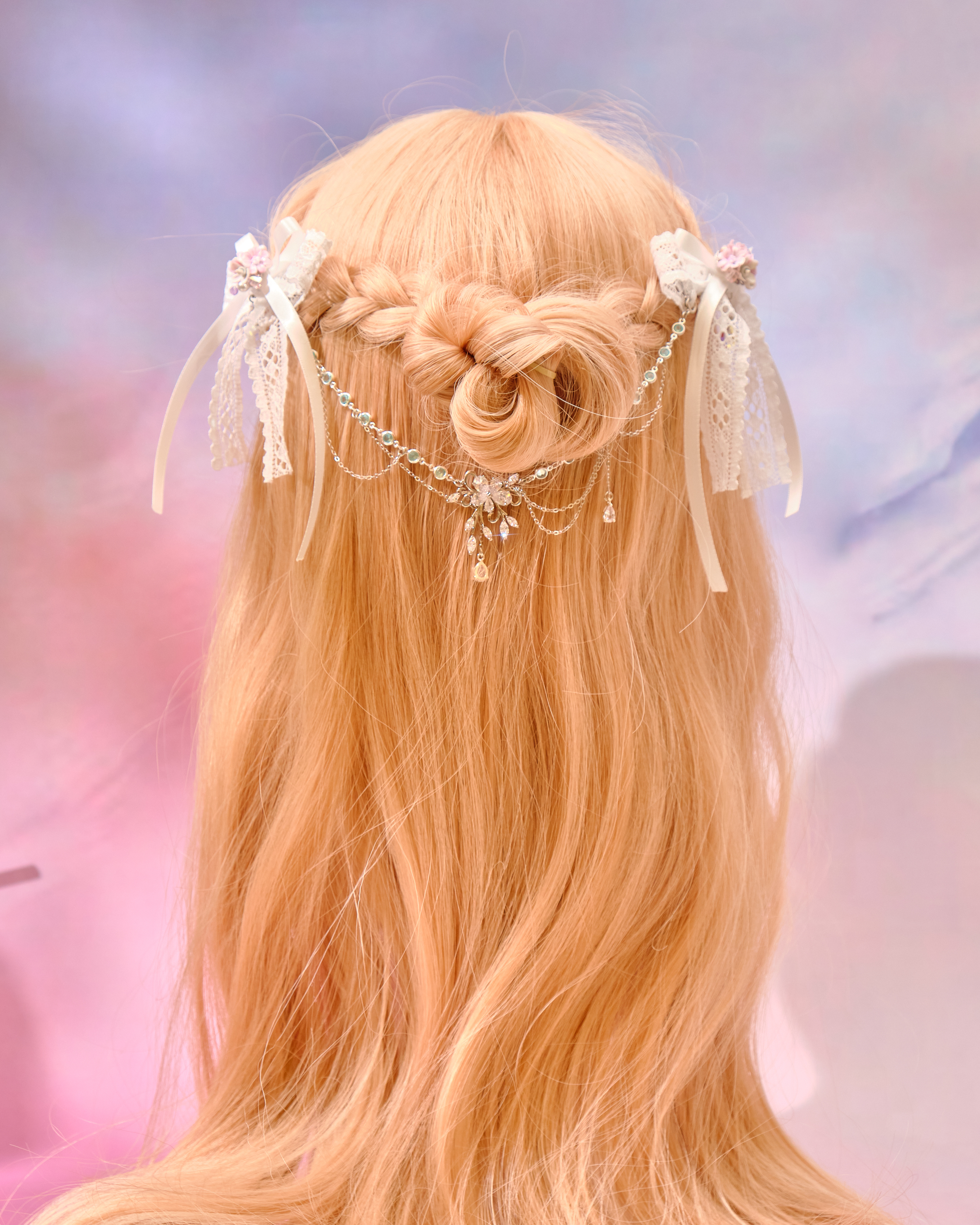 12726 Pure White Little Princess Bow Hairpin (Pair + Detachable Pendant Chain)