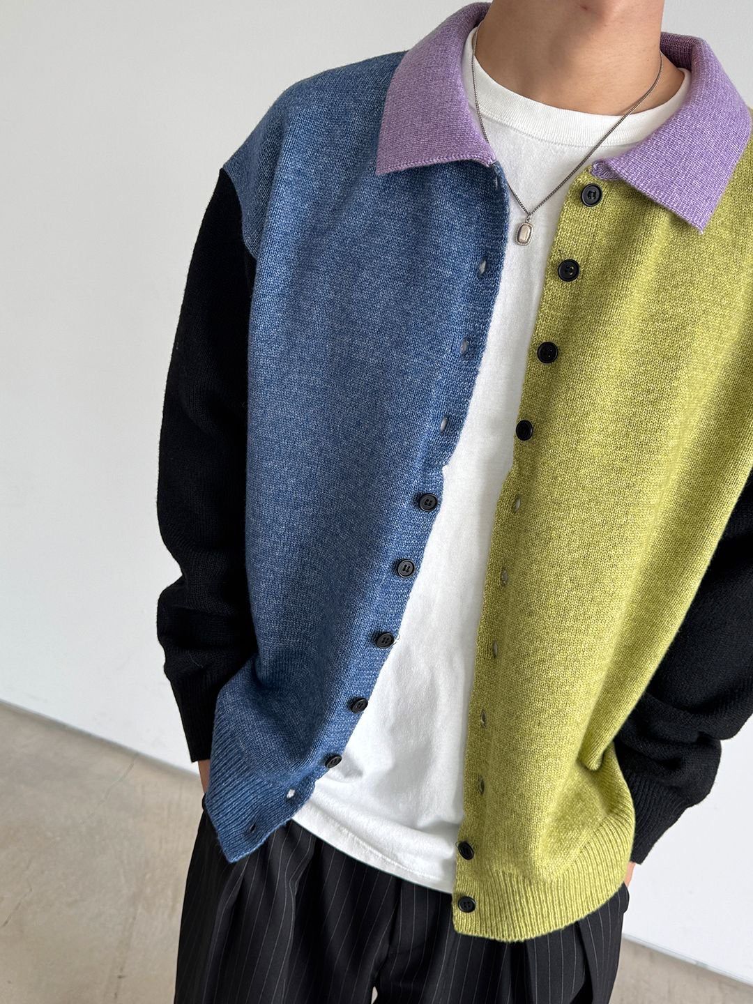 反領拼色開胸針織外套 3.14-081JK