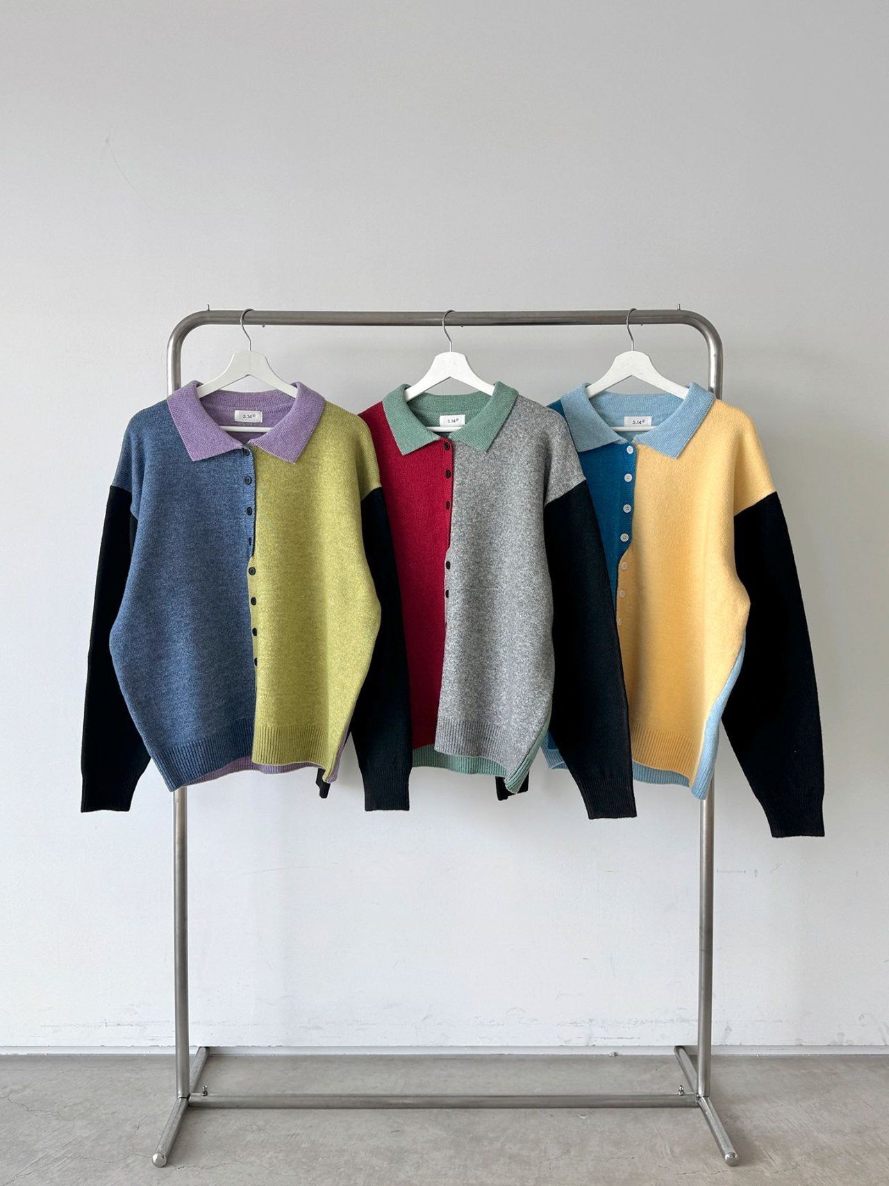 反領拼色開胸針織外套 3.14-081JK