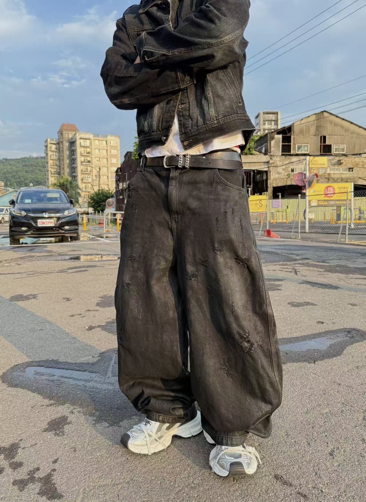 《K》刷髒膠感大寬褲