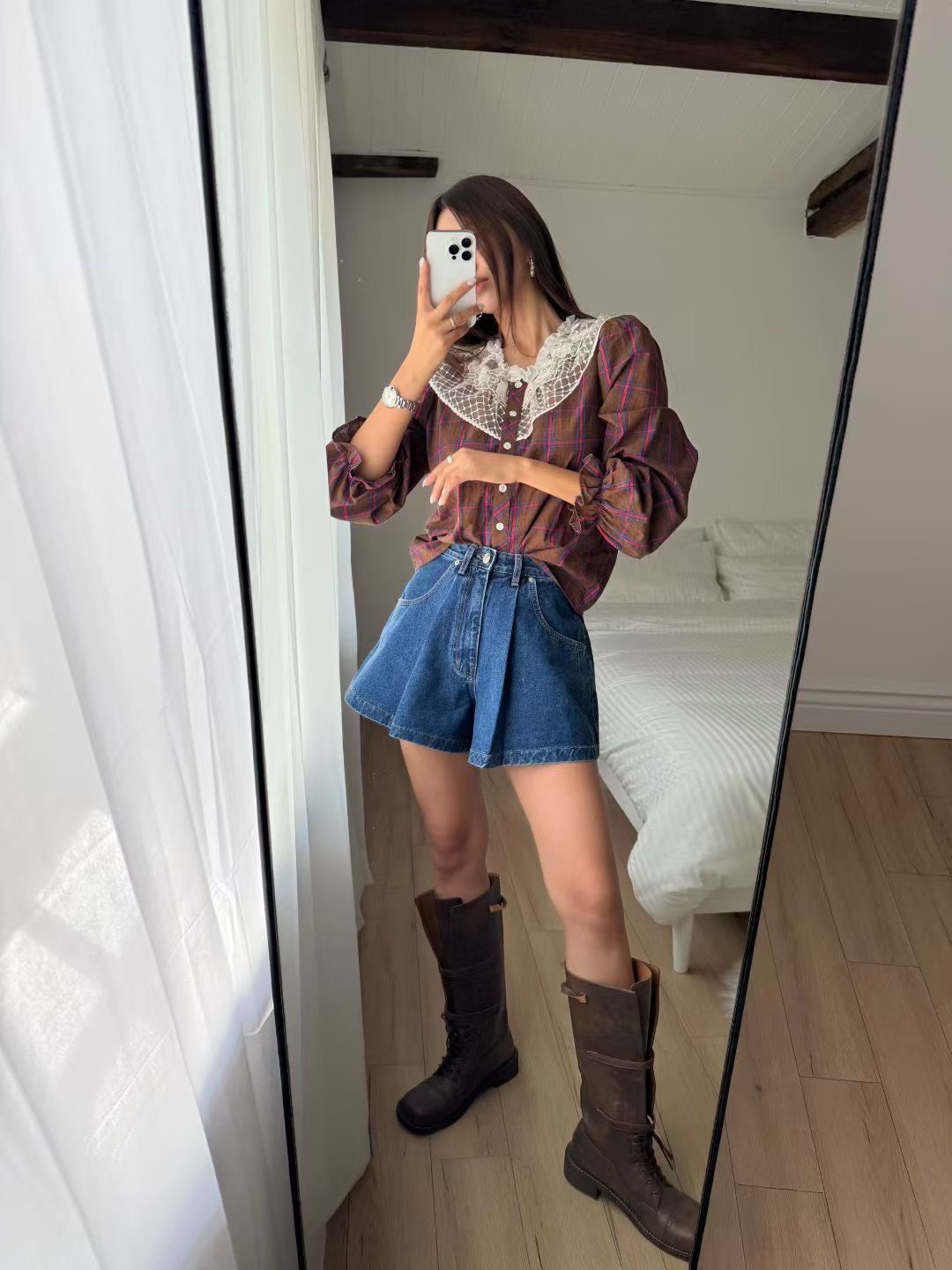 高腰口袋蝴蝶結牛仔短褲