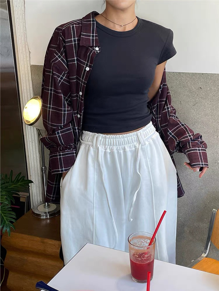 正韓棉麻格紋寬鬆襯衫