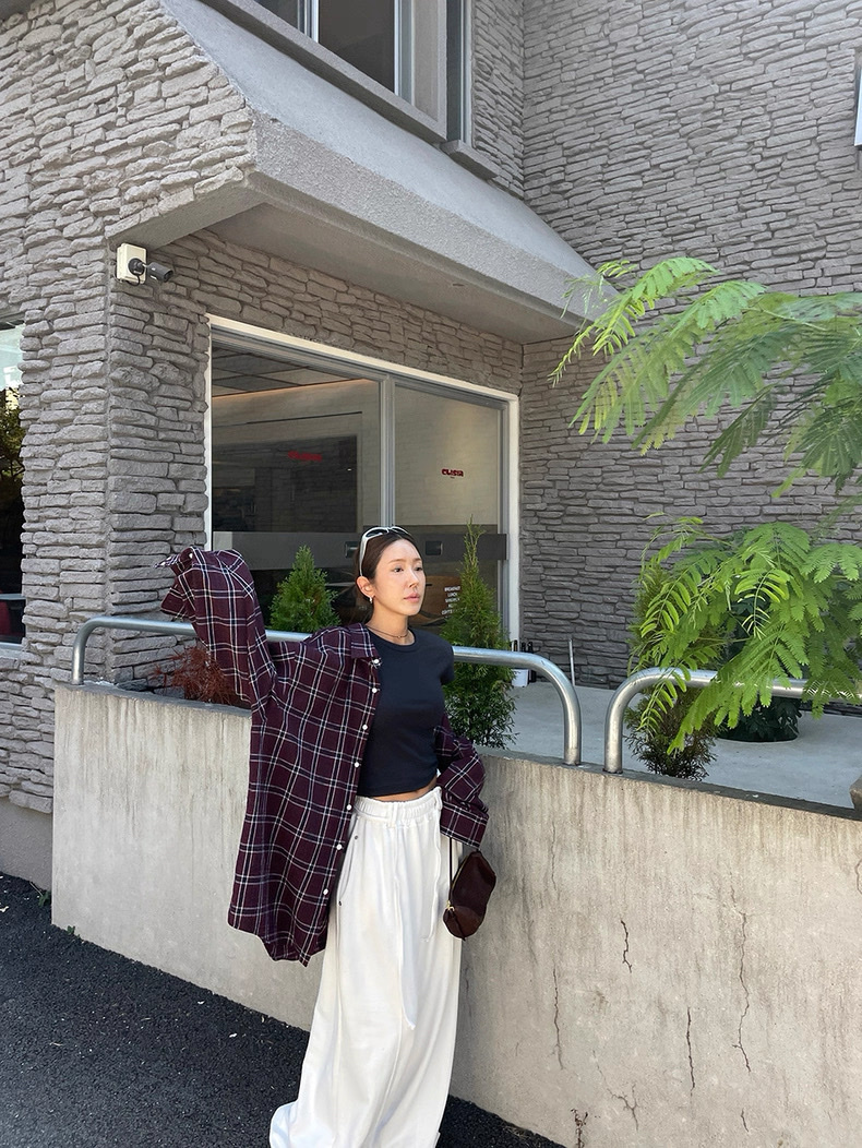 正韓棉麻格紋寬鬆襯衫