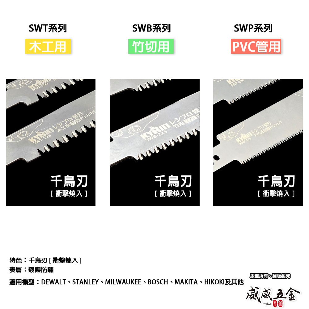 KYRIN 麒麟｜往復鋸 軍刀鋸片 木工用 竹用 PVC用 千鳥刃軍刀切片 鍍鎳防鏽｜SWP｜SWT｜SWB
