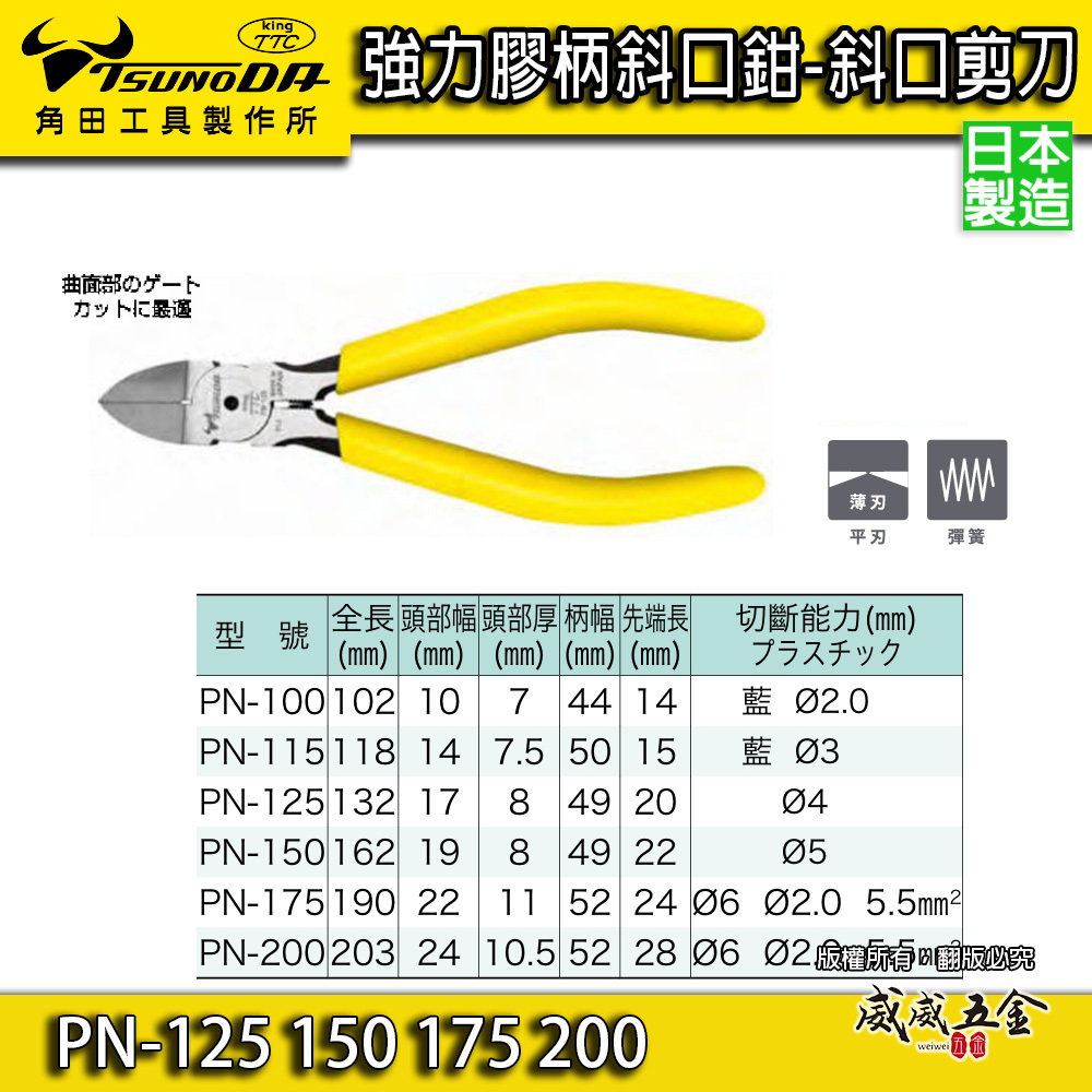 日本製 TTC 角田｜電子斜嘴鉗 彈簧式 塑膠斜口鉗 膠柄模型剪｜PN-150｜PN-125｜PN-175｜PN-200