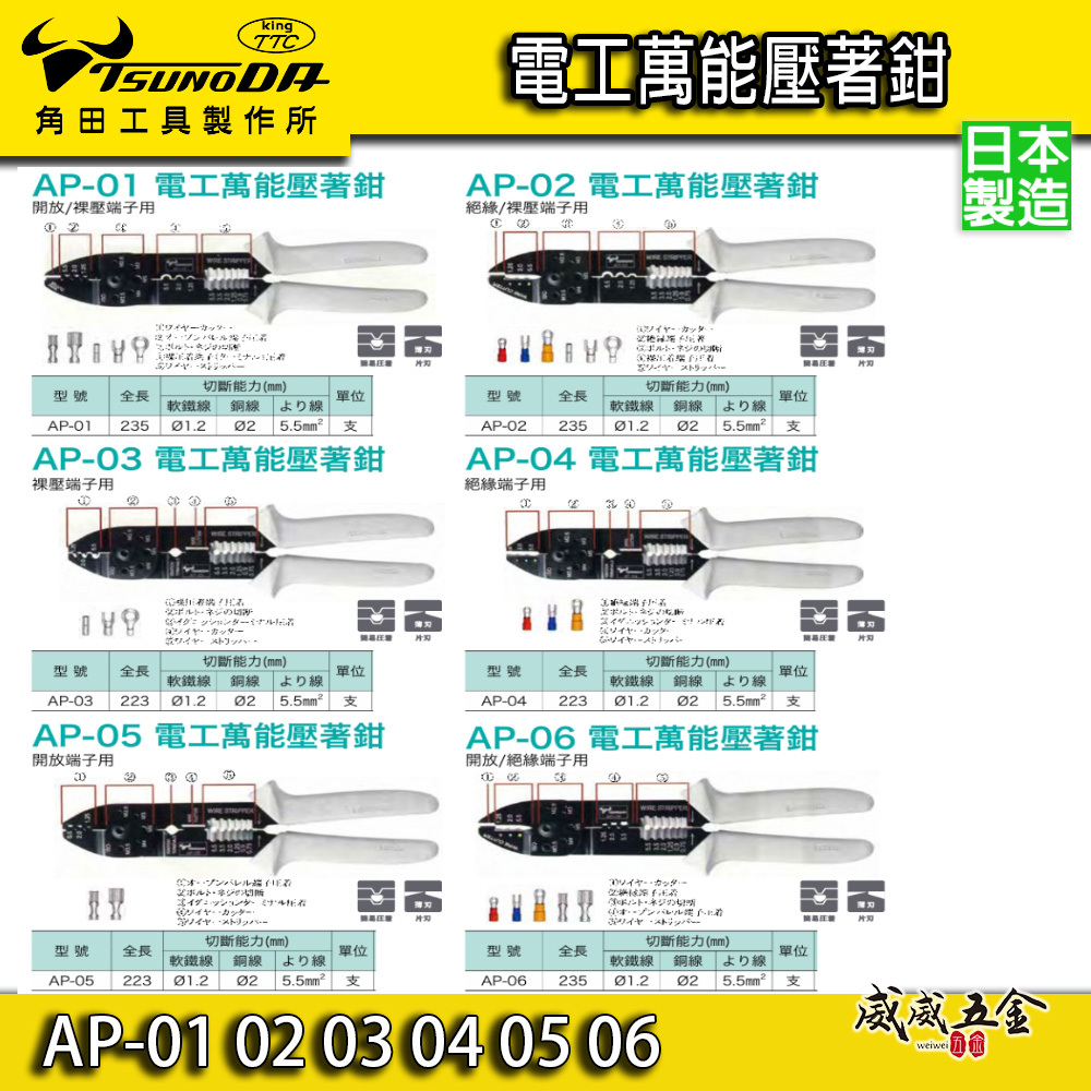 日本製 TTC 角田｜電工萬能壓著鉗｜AP-01｜AP-02｜AP-03｜AP-04｜AP-05｜AP-06｜壓接端子鉗