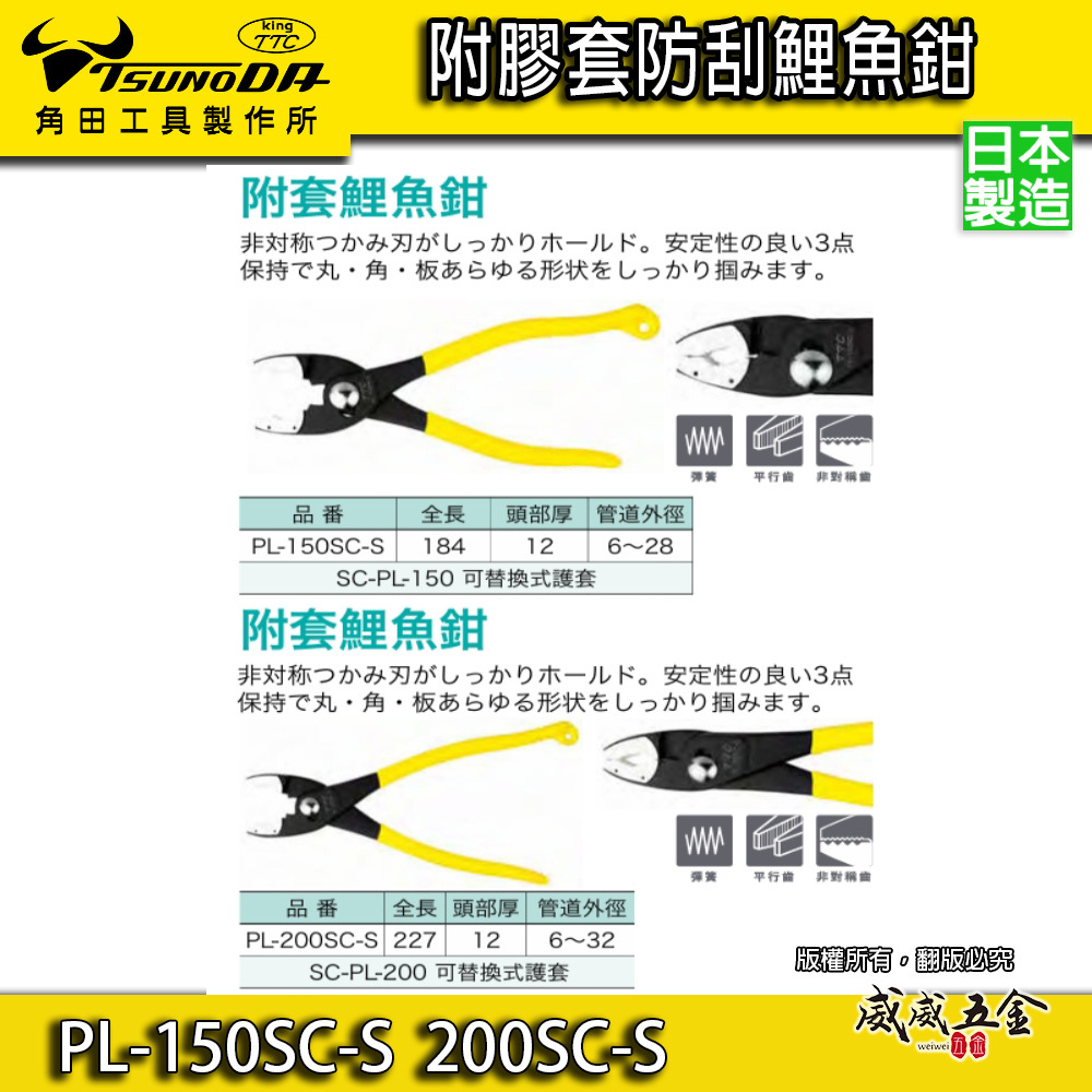 日本製 TTC 角田 TSUNODA｜膠柄水管鉗 附膠套防刮 鯉魚鉗｜PL-150SC-S｜PL-200SC-S｜防刮傷