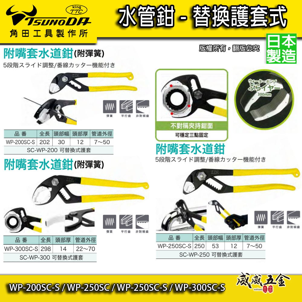 日本製 TTC 角田 TSUNODA｜防刮傷水管鉗-鉗套 附套水道鉗 幫浦鉗｜WP-250SC-S｜WP-300SC-S