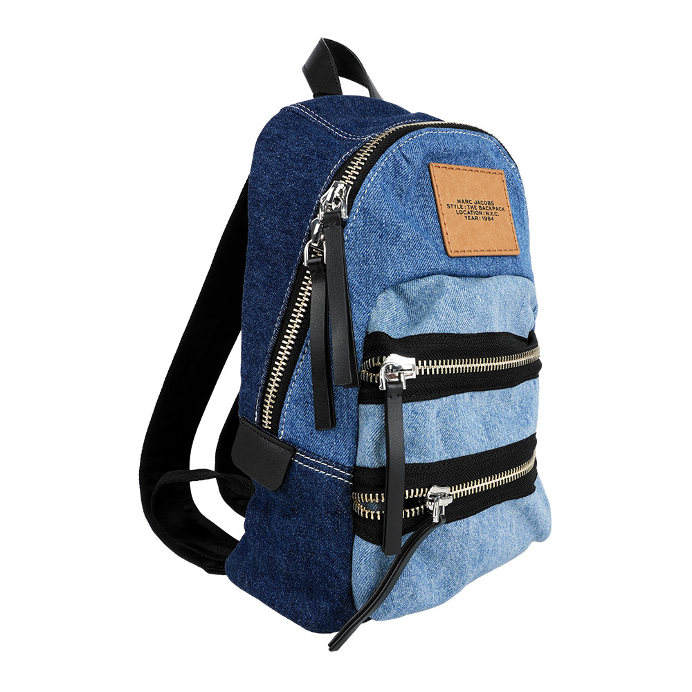 【Marc Jacobs】The Biker 拼色牛仔三層拉鍊中款後背包(單寧藍)