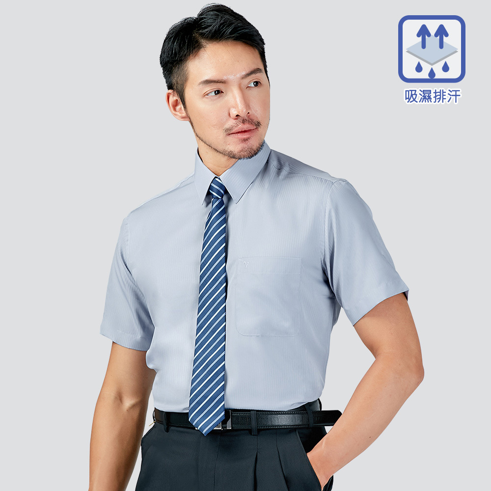吸濕排汗條紋短袖襯衫-灰