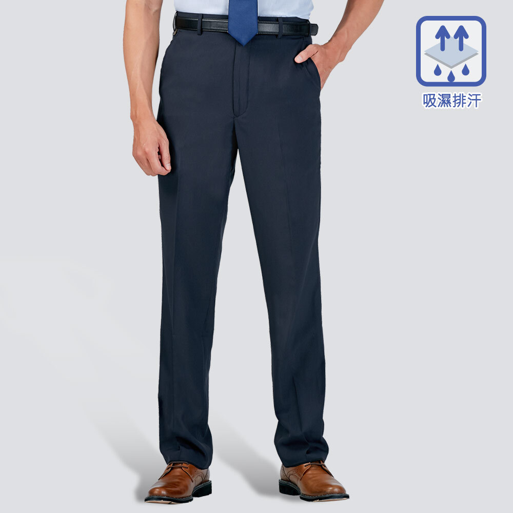 吸濕排汗條紋平面西裝褲-藍
