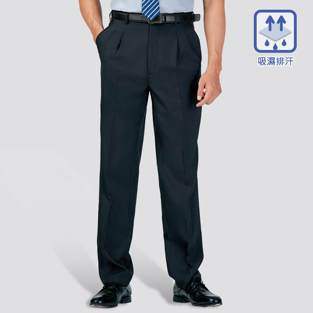 吸濕排汗條紋打摺西裝褲-丈青