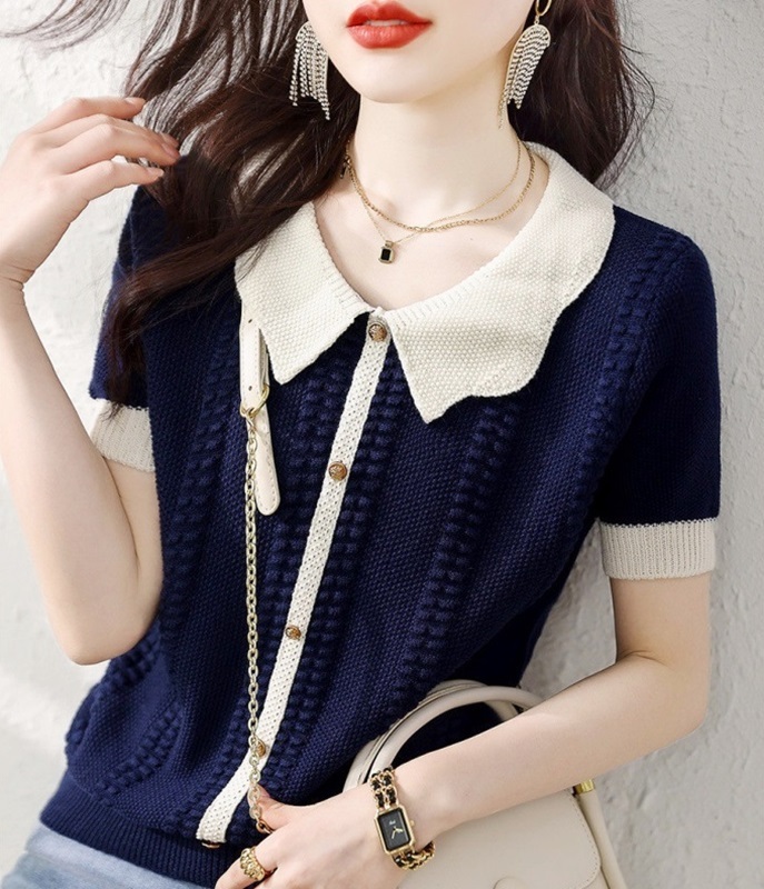 配色緹花領針織上衣 藏青