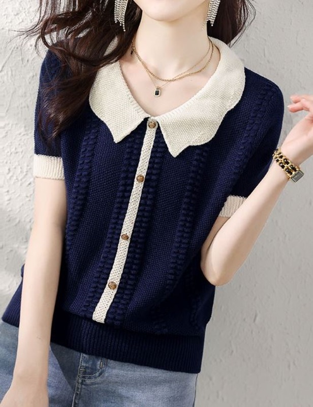 配色緹花領針織上衣 藏青