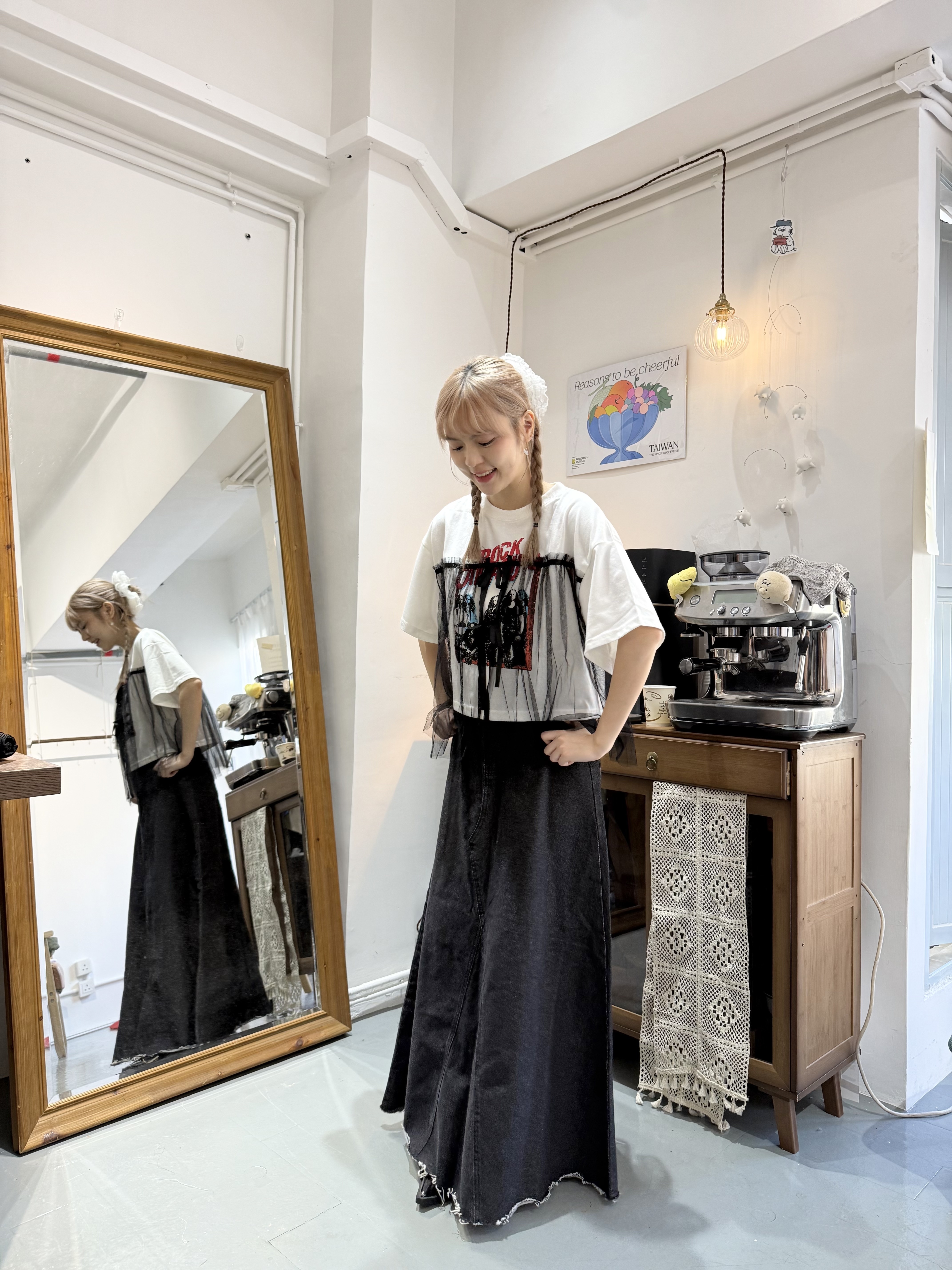 假兩件print Tee拼紗tee