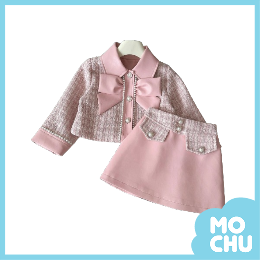 (130cm現貨)蝴蝶結皮質拼接兩件式套裝