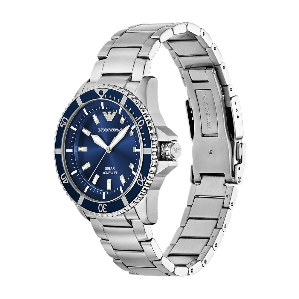 萬年鐘錶 - ARMANI  亞曼尼 精品腕錶    太陽能藍面潛水錶設計不鏽鋼男錶 AR11697 錶徑42MM