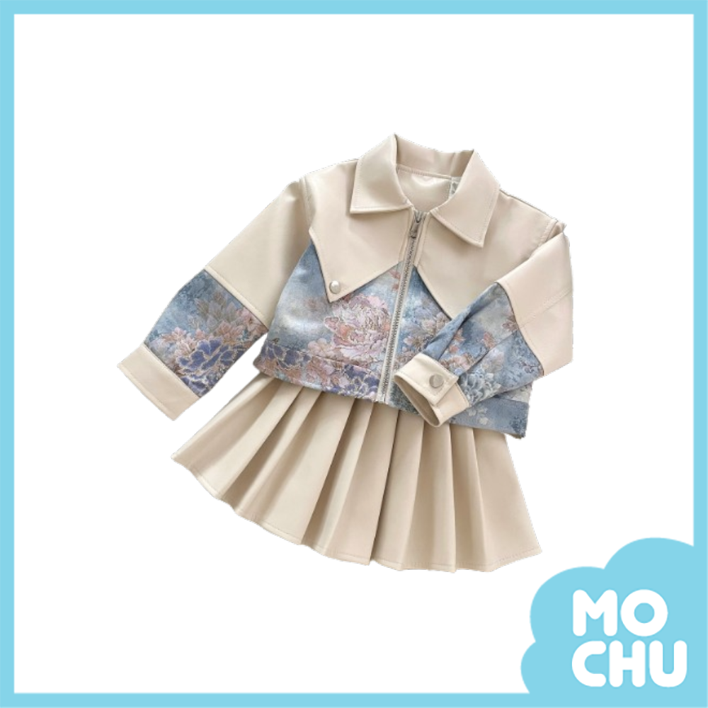 花卉拼接皮衣套裝(二色)