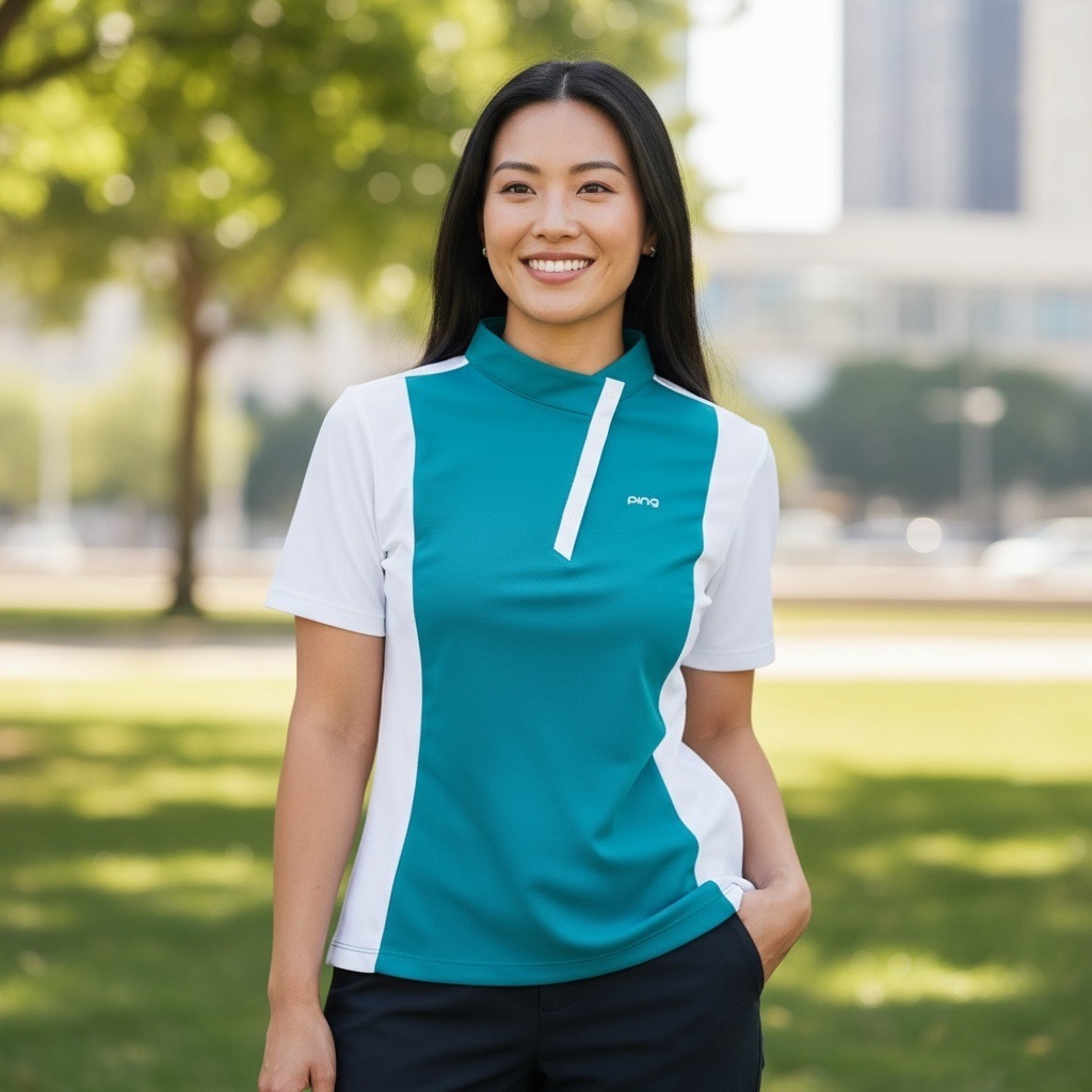 女【現貨】5折起 /韓版PING 正品同步/春夏 配色斜線按鈕彈性短袖T恤 /網美推薦高爾夫球衣/#MW112368